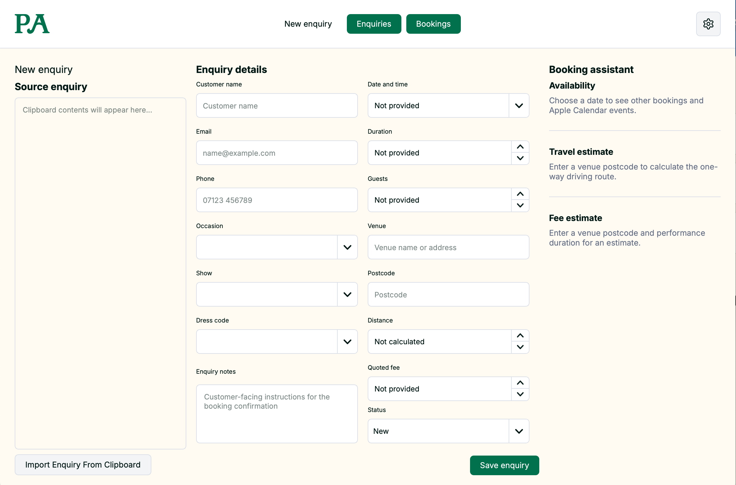 Performers Assistant enquiry editor showing customer, event, availability, travel and fee fields